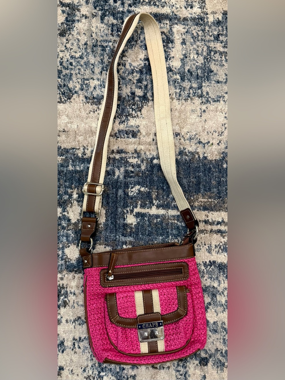 Chaps Pink Faux Straw Multi-Pocket Crossbody Bag
